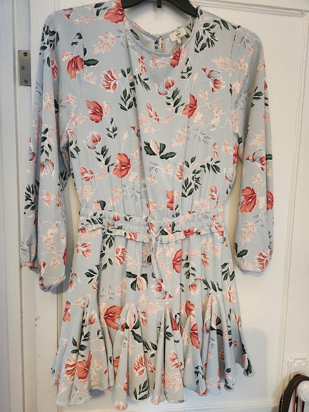 Light Blue Floral Long Sleeve Tie-Waist Dress Size Large Like-new